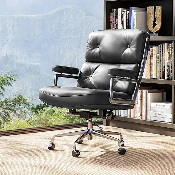 Genuine Leather Office Chair, Mid Back Executive Desk Chair with Aluminum Arms and Wheels, Swivel Office Leather Chair with Thic