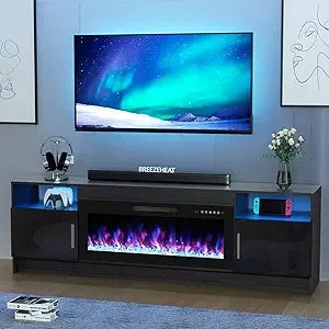 Electric Fireplace TV Stand with 36 inch Fireplace Up to 80" TVs-Led Entertainment Center with Outlet, High Glossy Doors-70 inc