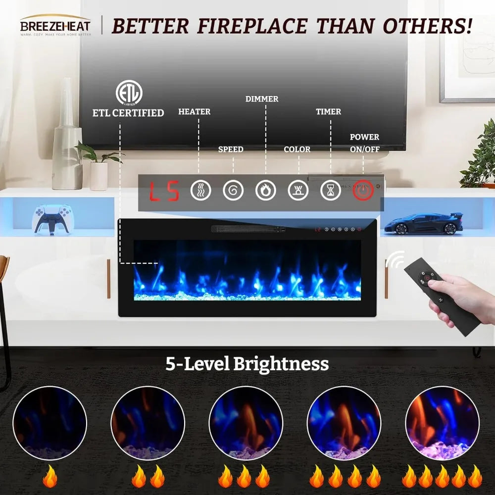 Electric Fireplace TV Stand with 36 inch Fireplace Up to 80" TVs-Led Entertainment Center with Outlet, High Glossy Doors-70 inc