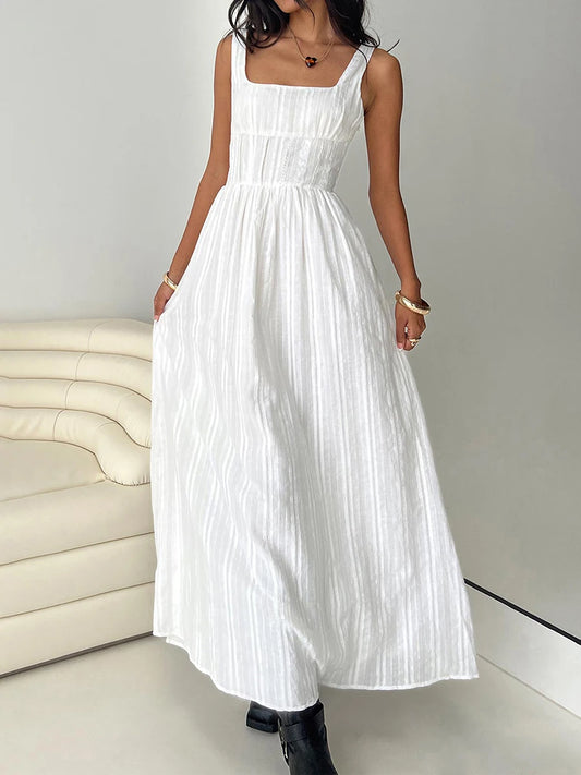 Women’s Sleeveless Long Dress Square Neck Smock Waist Side Zipper Evening Dress for Summer