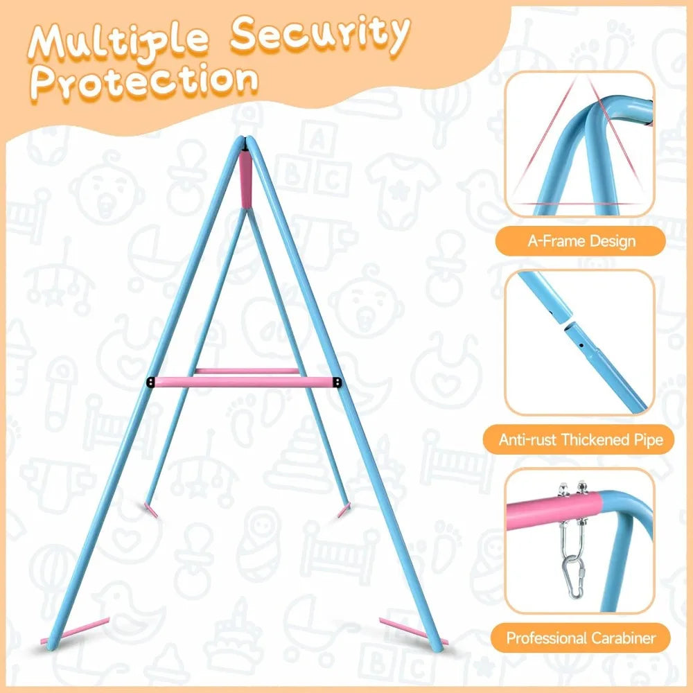 Outdoor Swing Set for Kids with Waterproof Metal Frame and Two Seats