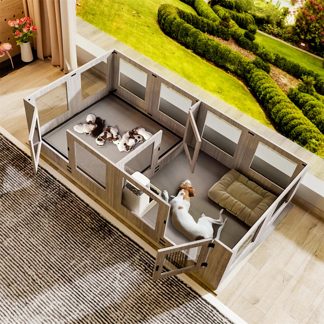 Hign-concerned Tempered Glass Pet Whelping Box With Waterproof Pad For Puppies