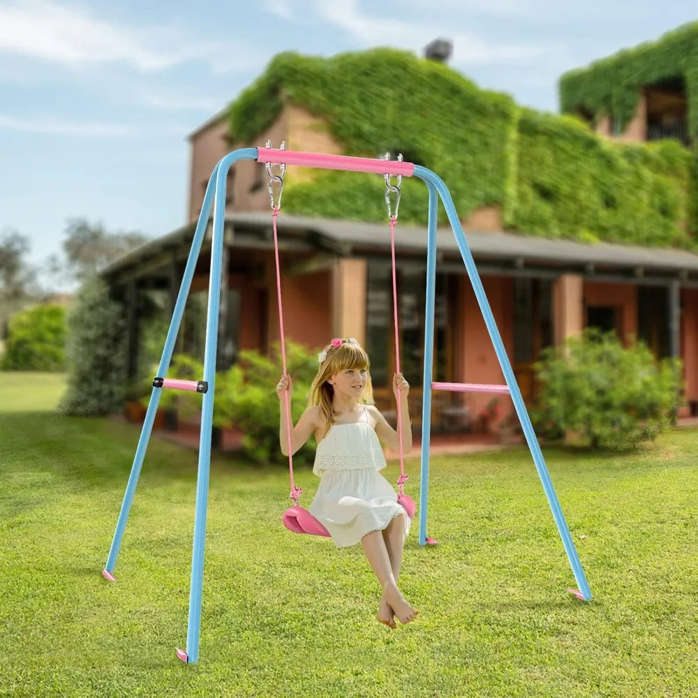 Outdoor Swing Set for Kids with Waterproof Metal Frame and Two Seats