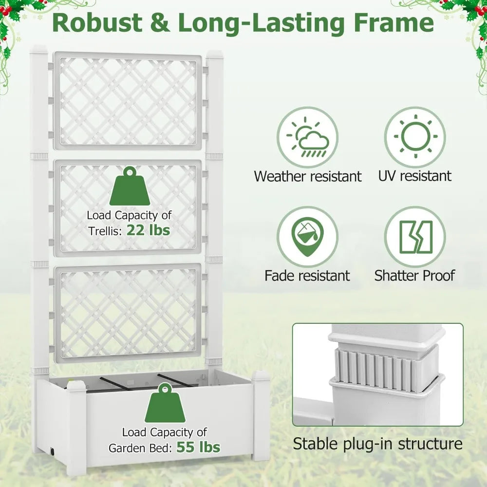 Self Watering Raised Garden Bed, Garden Planter Box with 59" Lattice Trellis, Drainage Hole & Water Level Indicator, Outdoor Sta