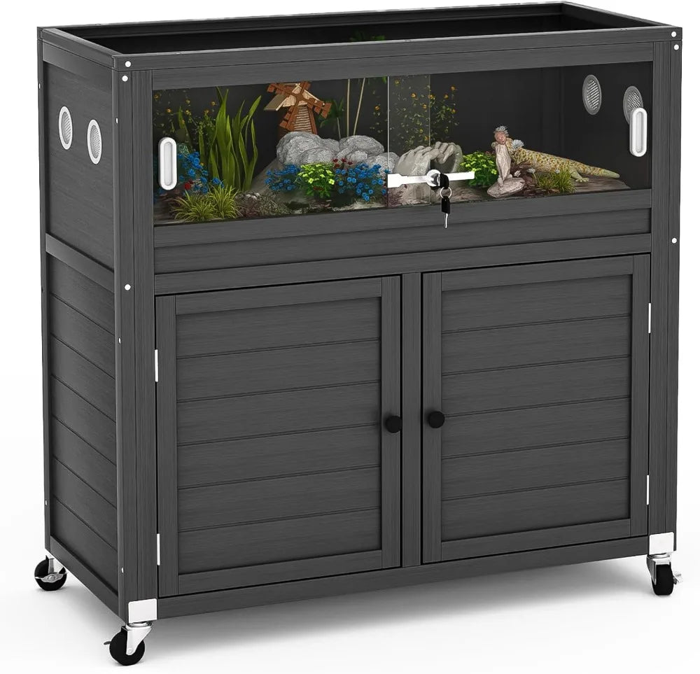 High Concerned Reptile Terrarium With Stand And Storage Cabinet Wheels And Metal Mesh Roof Door