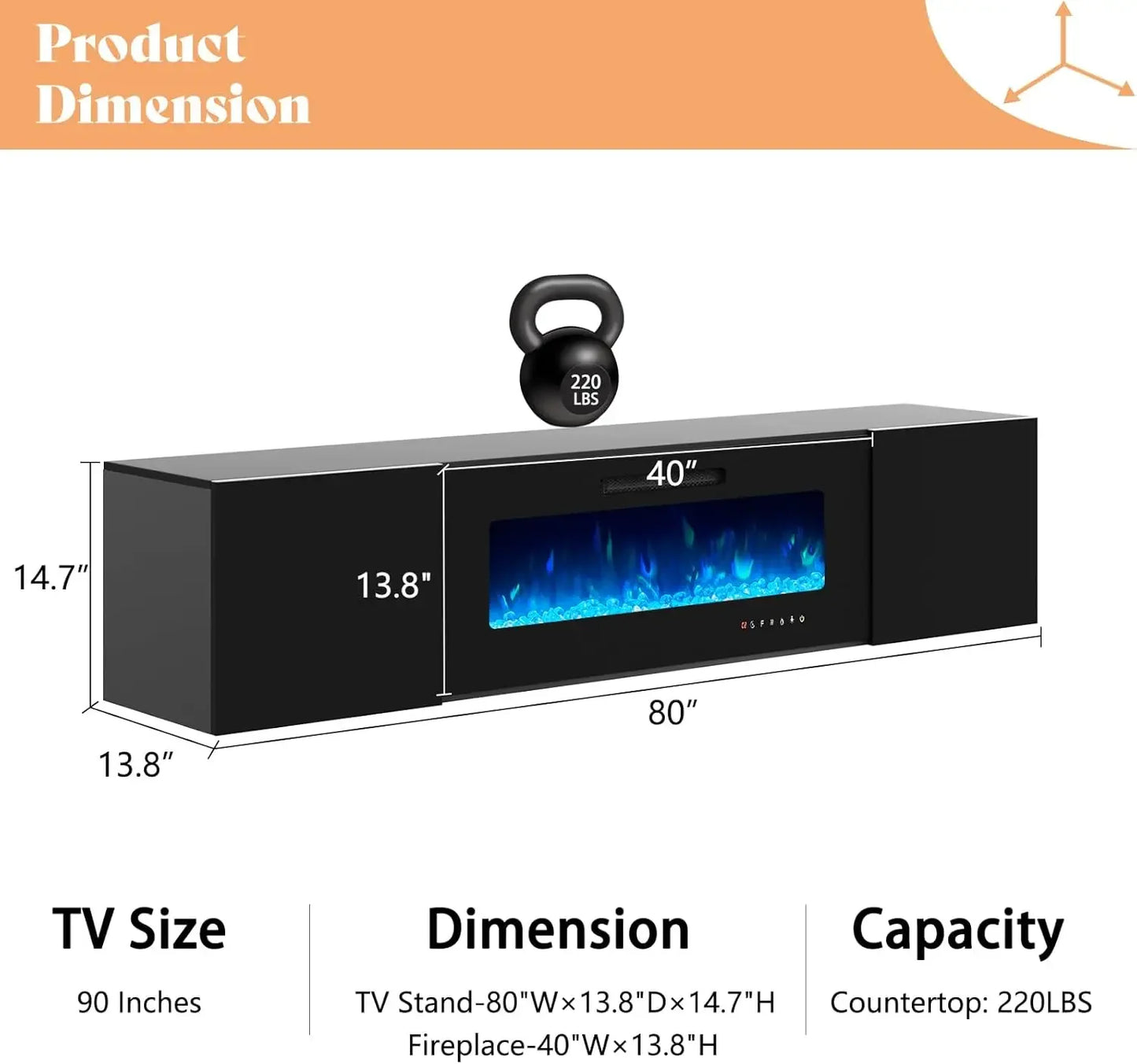 Floating Fireplace TV Stand, Wall Mounted Mirrored Entertainment Center, Modern LED Lights Media Console for TVs Up to 90",Black