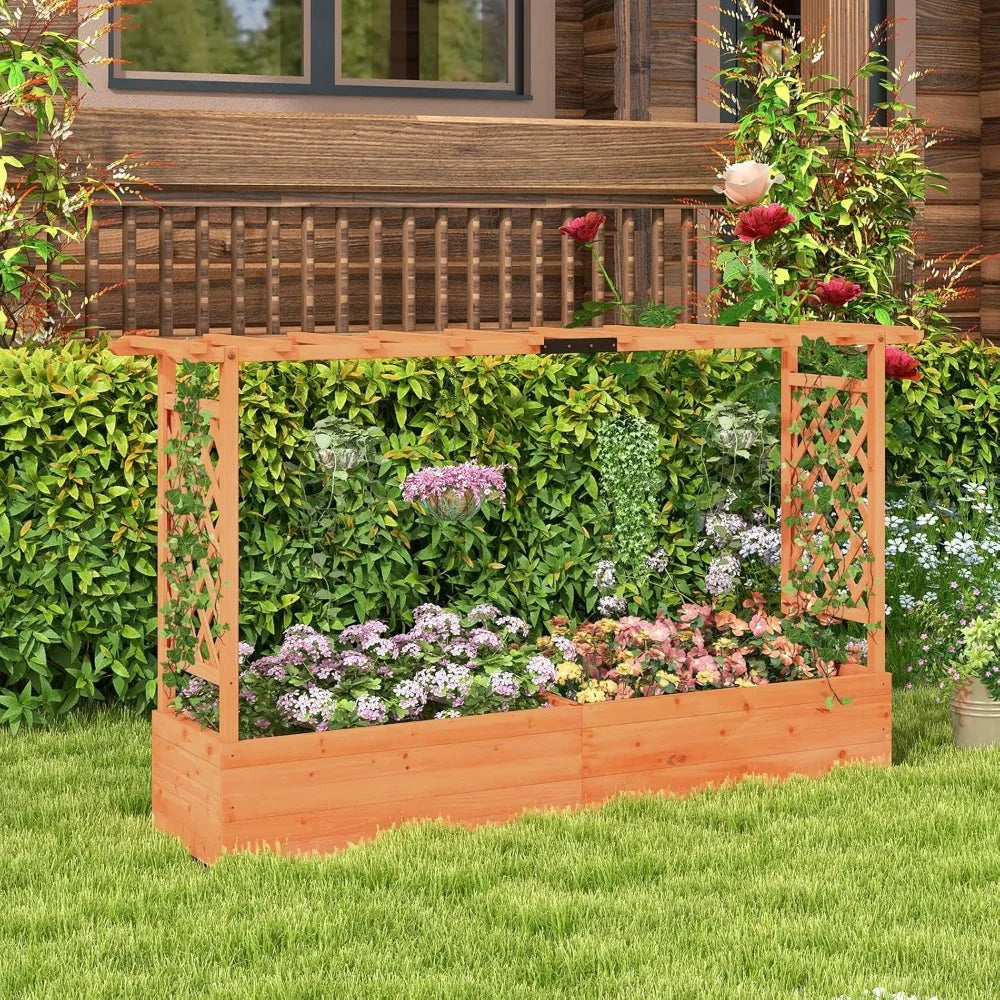 Giantex Raised Garden Bed with Trellis & Hanging Roof, Wood Planter Box with Bottom and Drainage Holes, Freestanding Garden Plan