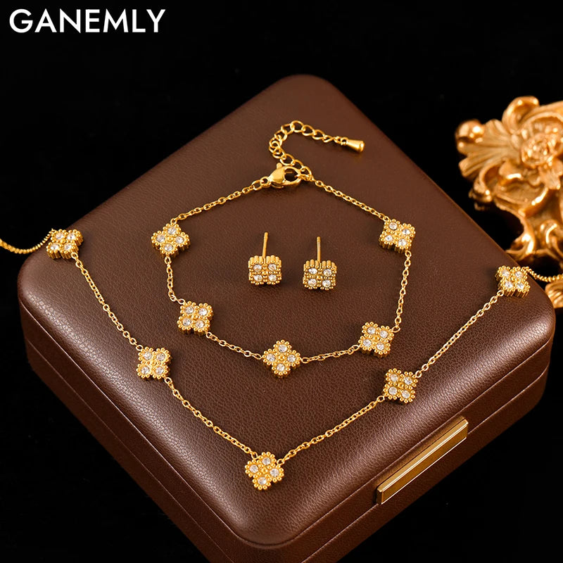 GANEMLY Sparkling Clover Zircon Jewelry Set Stainless Steel