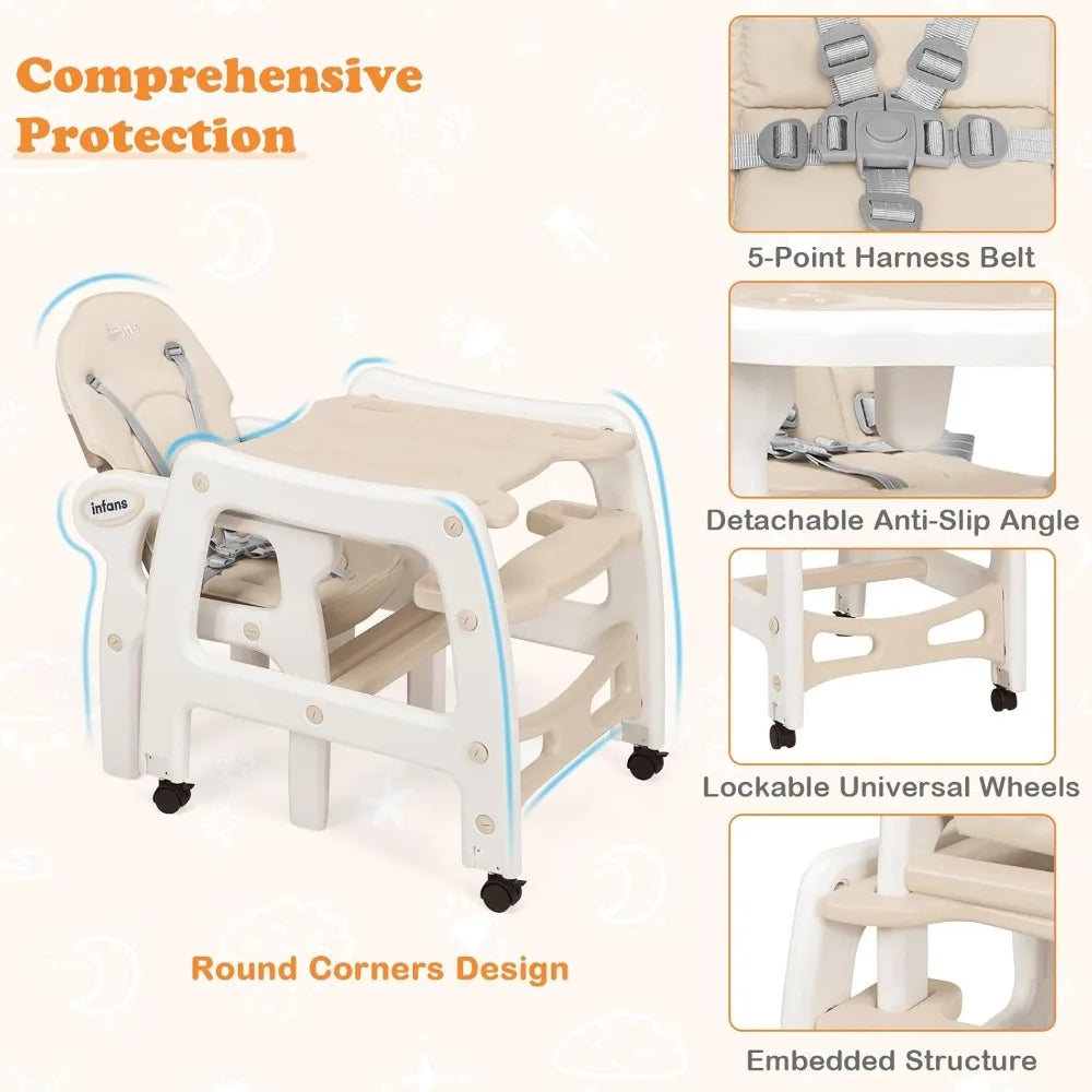 5 in 1 Baby High Chair, Convertible Toddler Table Chair Set, Rocking Chair, Multi-Function Seat with Lockable Universal Wheels