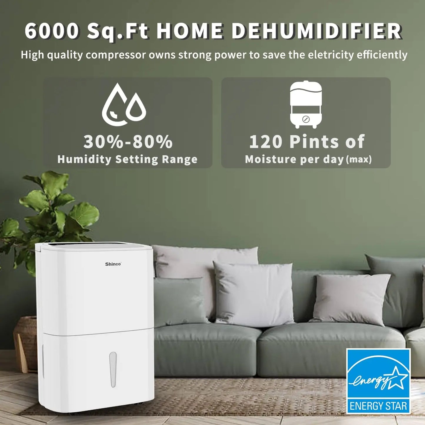 Shinco 6,000 Sq.Ft Energy Star Dehumidifier, Ideal for Large Rooms and Home Basements, Efficient Moisture Removal,1.32 Gallons