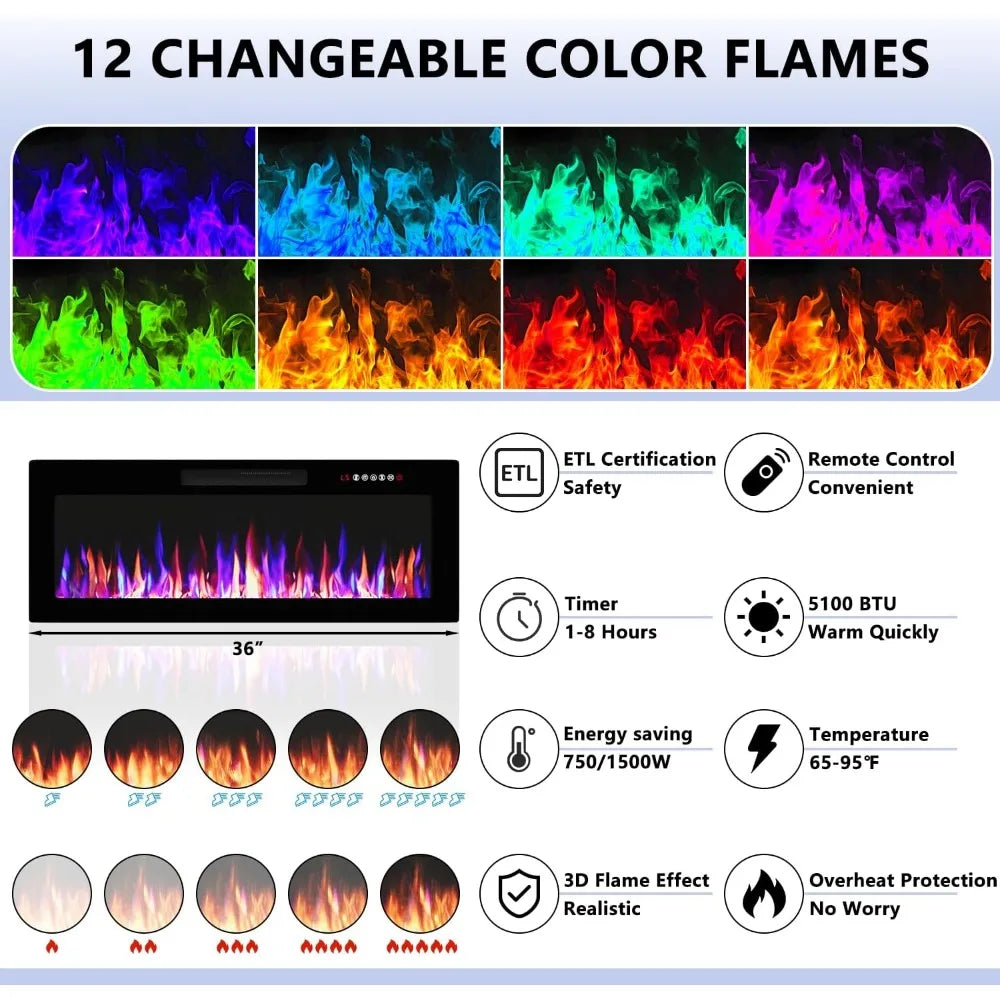 Fireplace TV Stand with 36" Fireplace, 70 Inch Black Fire Place TV Stands for Living Room, Modern Electric Fireplace TV Stand wi