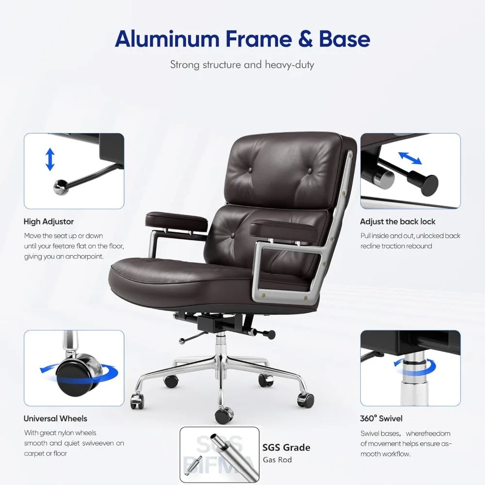 Genuine Leather Office Chair, Mid Back Executive Desk Chair with Aluminum Arms and Wheels, Swivel Office Leather Chair with Thic