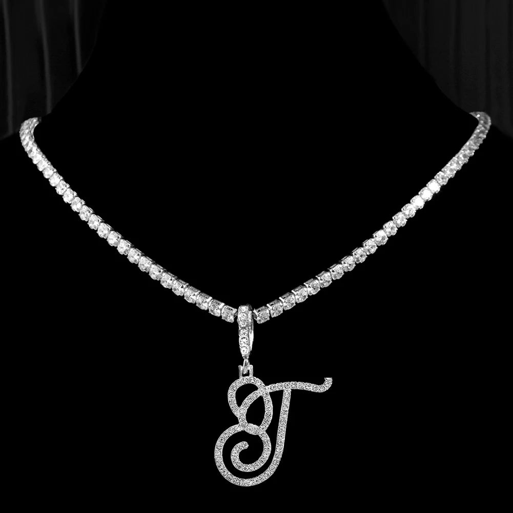 Caraquet Cursive Alphabet Name Necklace CZ Chain Pendant