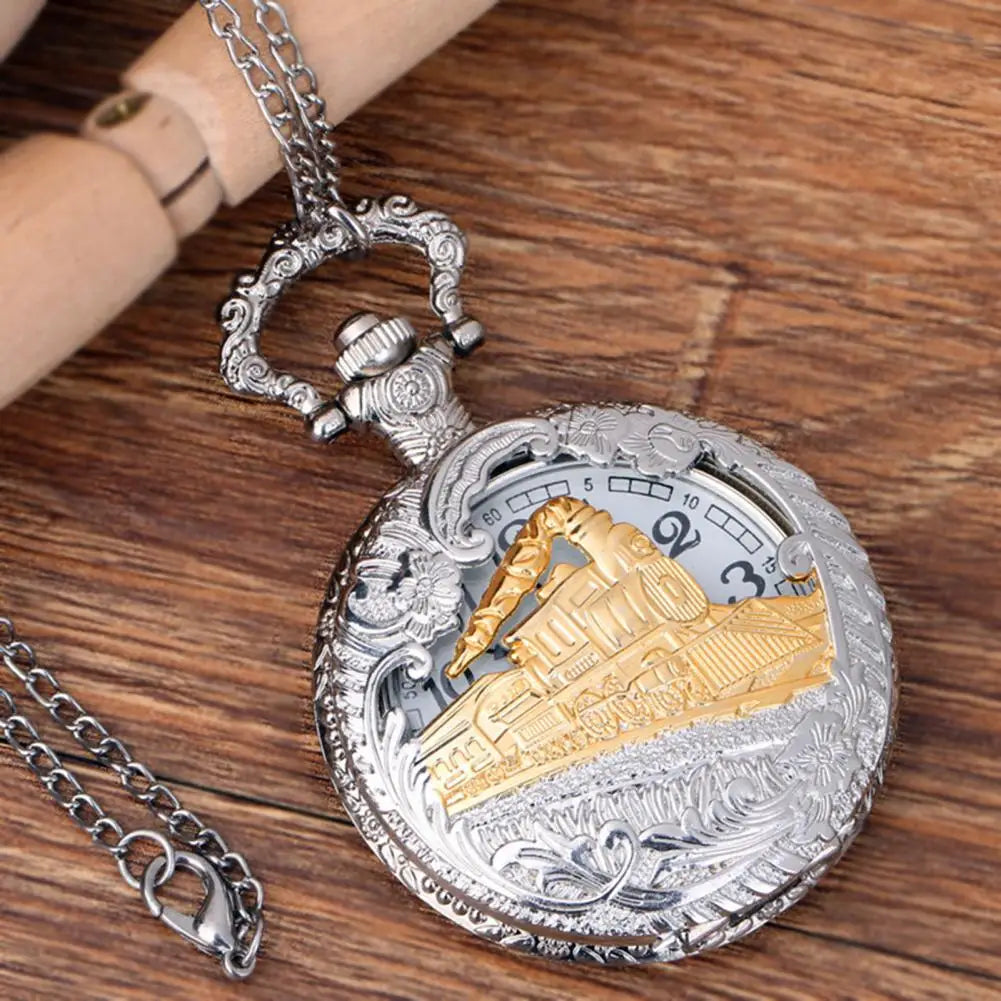 Case Pocket Watch Locomotive Quartz Movement Necklace Chain
