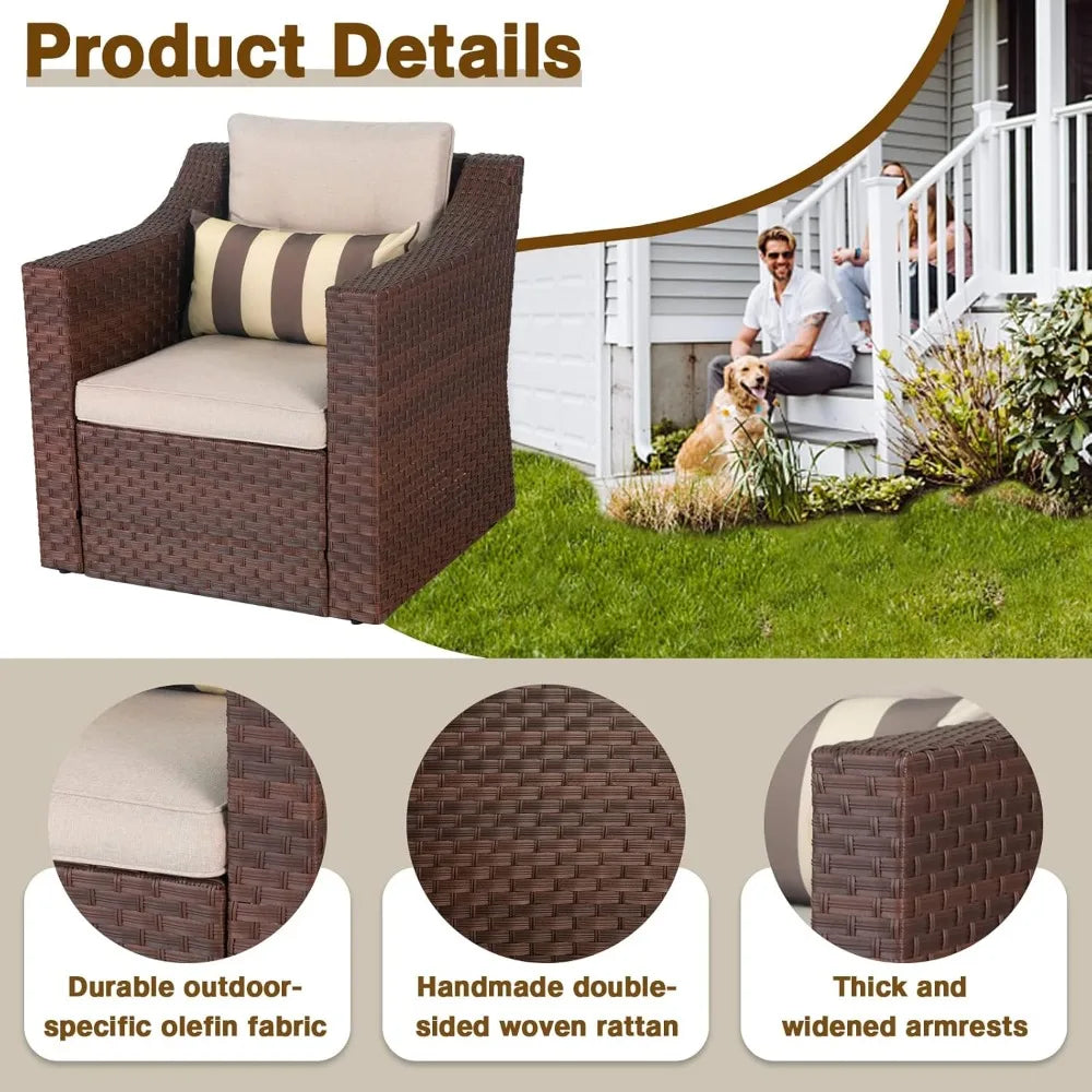 5 Piece Patio Conversation Set Outdoor Furniture Set, Brown Wicker Lounge Chair with Ottoman Footrest, W/Coffee Table & Cushion