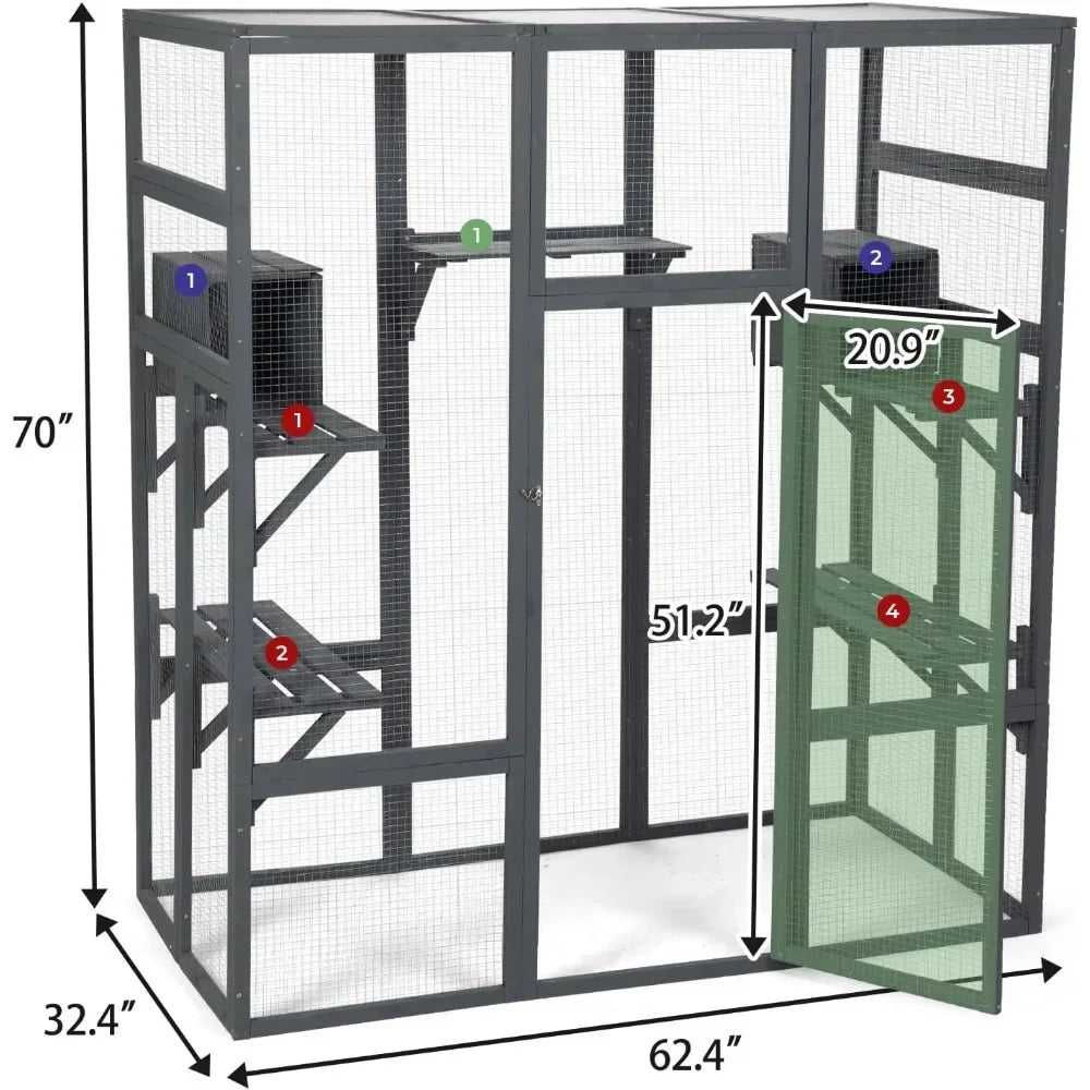 70Inches Large Stable Spacious Wooden Catio Outdoor Cat Enclosure with Perches and Condos, Cat Cage Indoor with Waterproof Roof