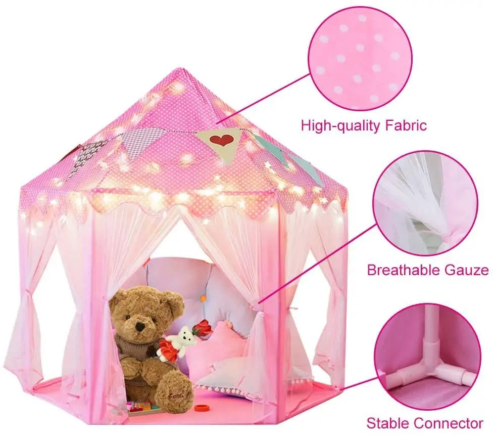 Portable Folding Princess Castle Tent with Warm LED Star Lights for Kids