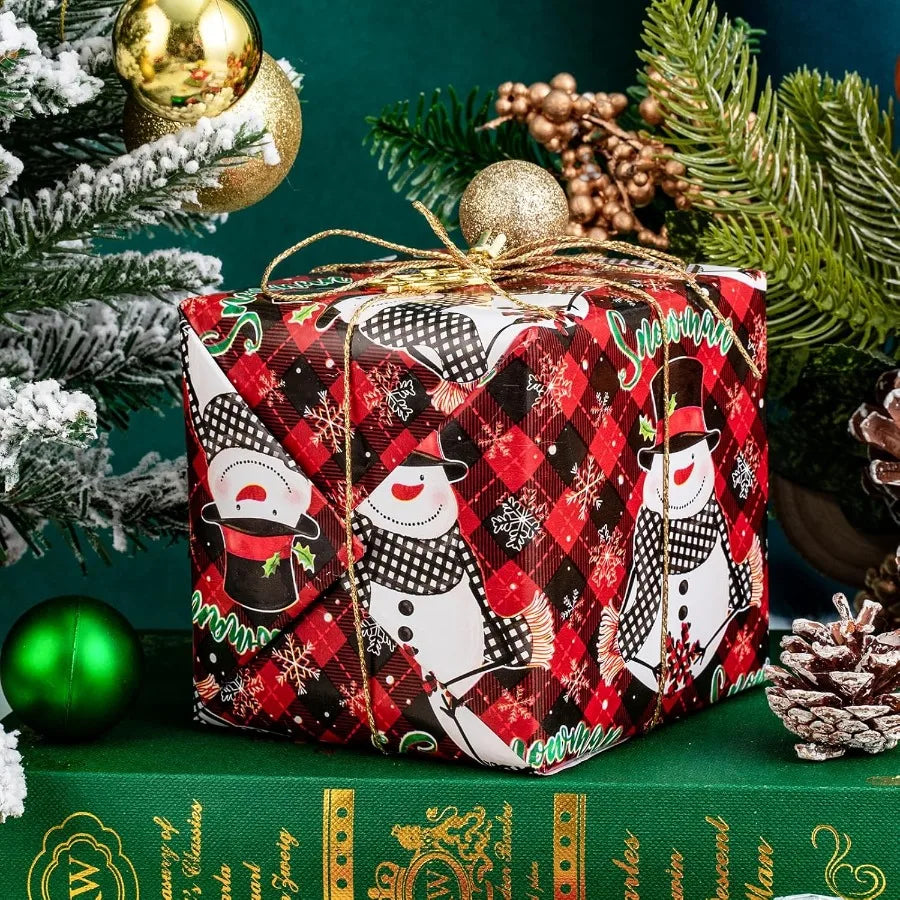 Christmas Wrapping Paper Roll Snowman Plaid Reversible Gift Wrap