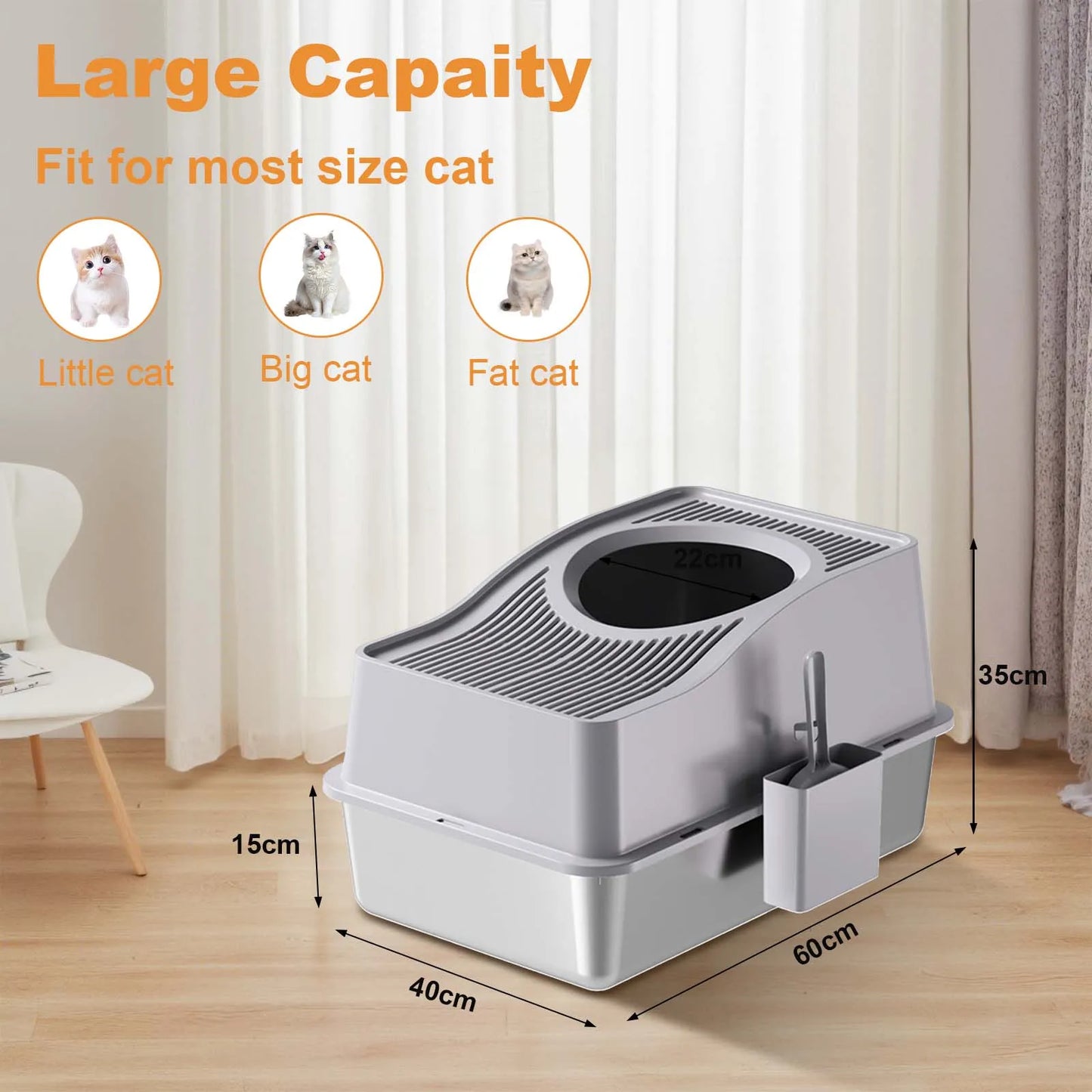 Stainless Steel Enclosed Litter Box With Cat Mat And Scoop