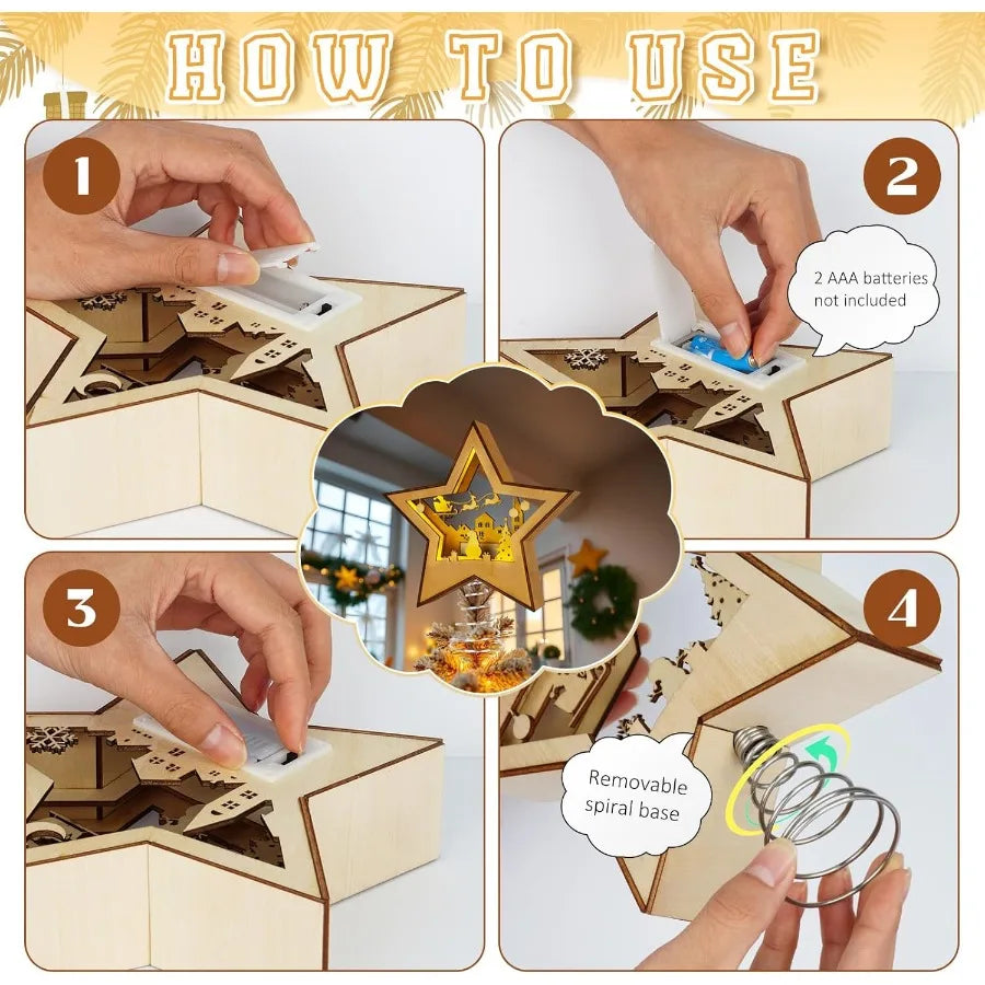 Christmas Tree Topper Star Lighted 3D Wooden Star Topper