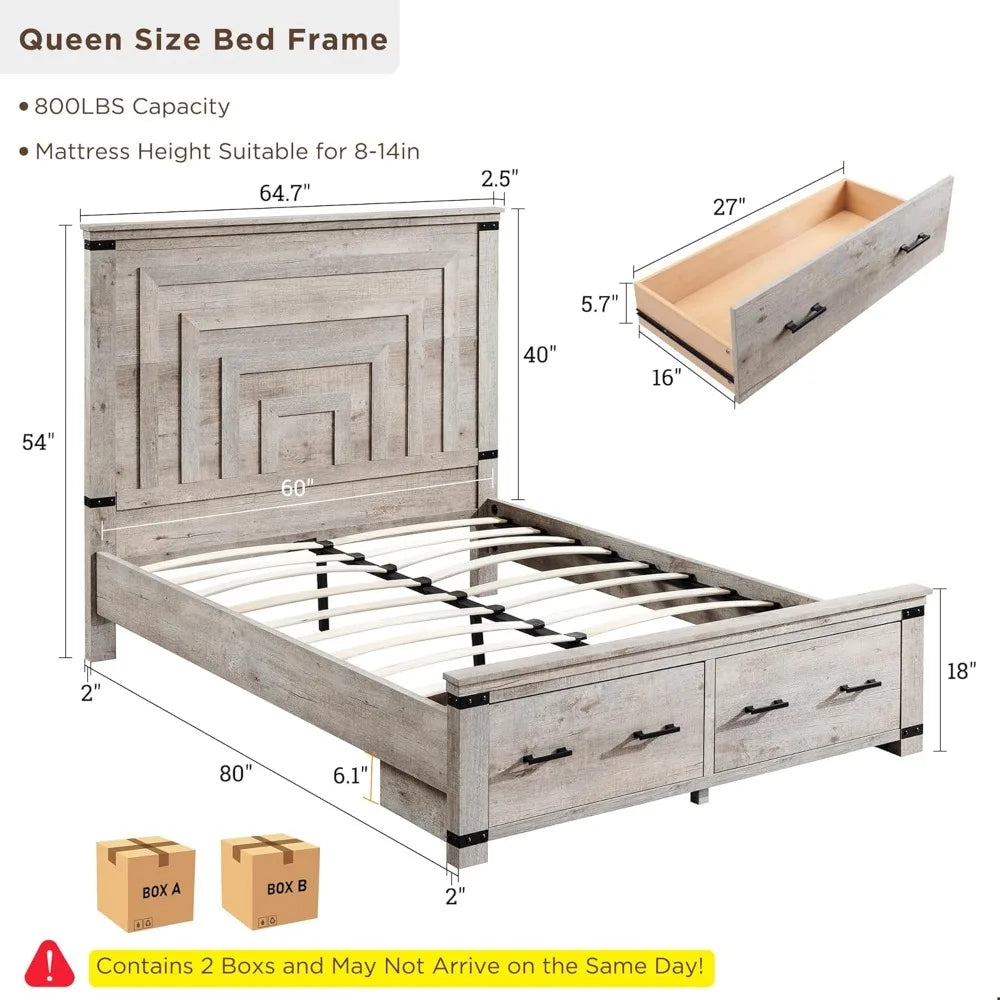 ZHUXIANG Wood Bed Frame Geometric Headboard Storage Drawers