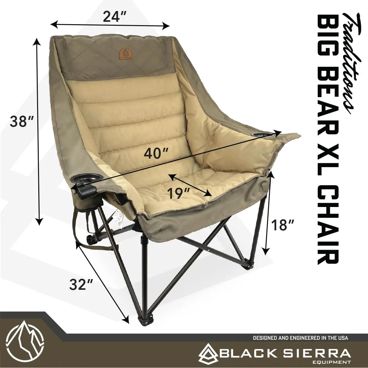 Black Sierra Deluxe Padded Camping Chair for Sports & Outdoors, Oversize XL Outdoor Folding Chair Supports 400 lbs, Heavy Duty