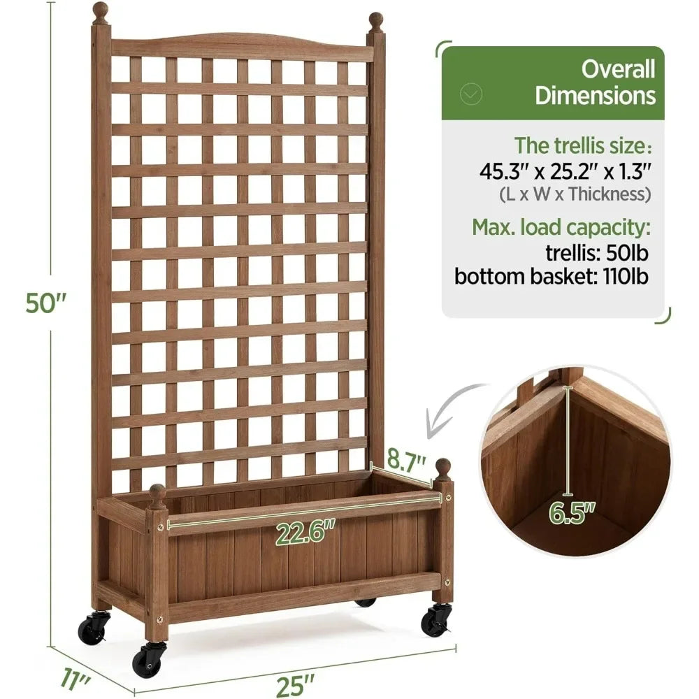 2pcs 50" H Raised Garden Bed with Trellis & Wheels Standing Vertical Horticulture Planter Box for Vine Climbing Plants