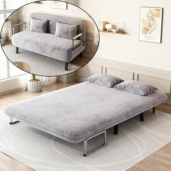 Convertible Queen Sleeper Sofa, 55" Tri-Folding with 6 Adjustable Backrests, Comfy Velvet Loveseat, Modern Futon for Bedroom & L