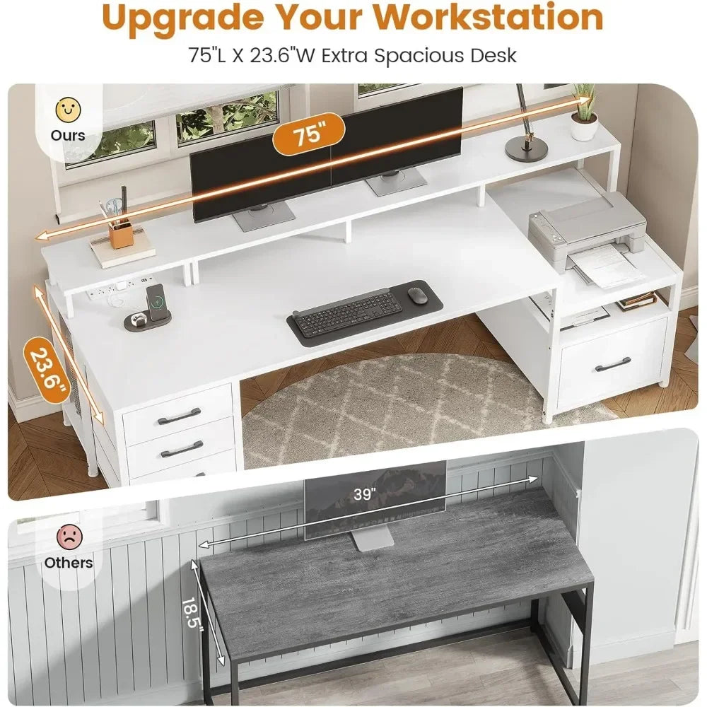 High Concerned Power Outlet Desk With File Drawer Shelves