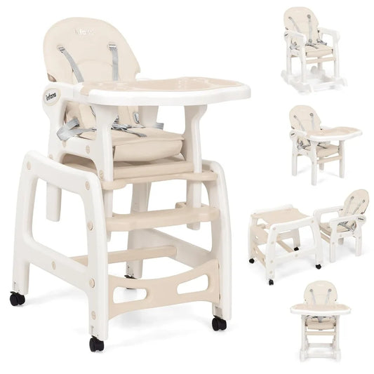 5 in 1 Baby High Chair, Convertible Toddler Table Chair Set, Rocking Chair, Multi-Function Seat with Lockable Universal Wheels