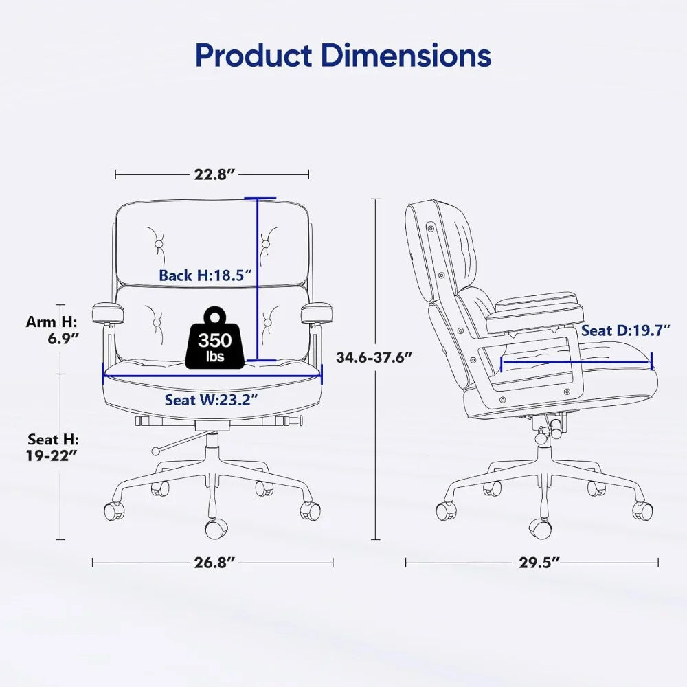 Genuine Leather Office Chair, Mid Back Executive Desk Chair with Aluminum Arms and Wheels, Swivel Office Leather Chair with Thic