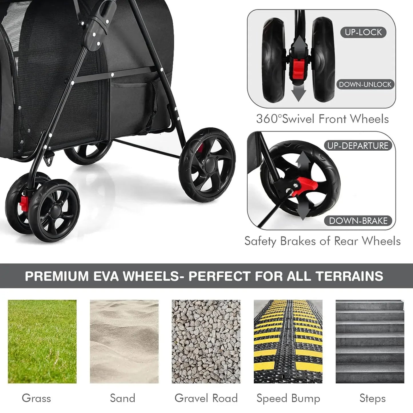 Double Pet Stroller with 2 Detachable Carrier Bags, Safety Belt, 4 Lockable Wheels Cat Stroller Travel Carrier Strolling Cart