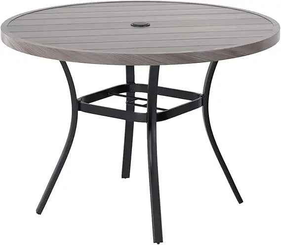 Round Patio Table with Adjustable Umbrella Hole, All Weather Outdoor Round Dining Table for Lawn Garden, 41.2"x 28" Grey Wood-L