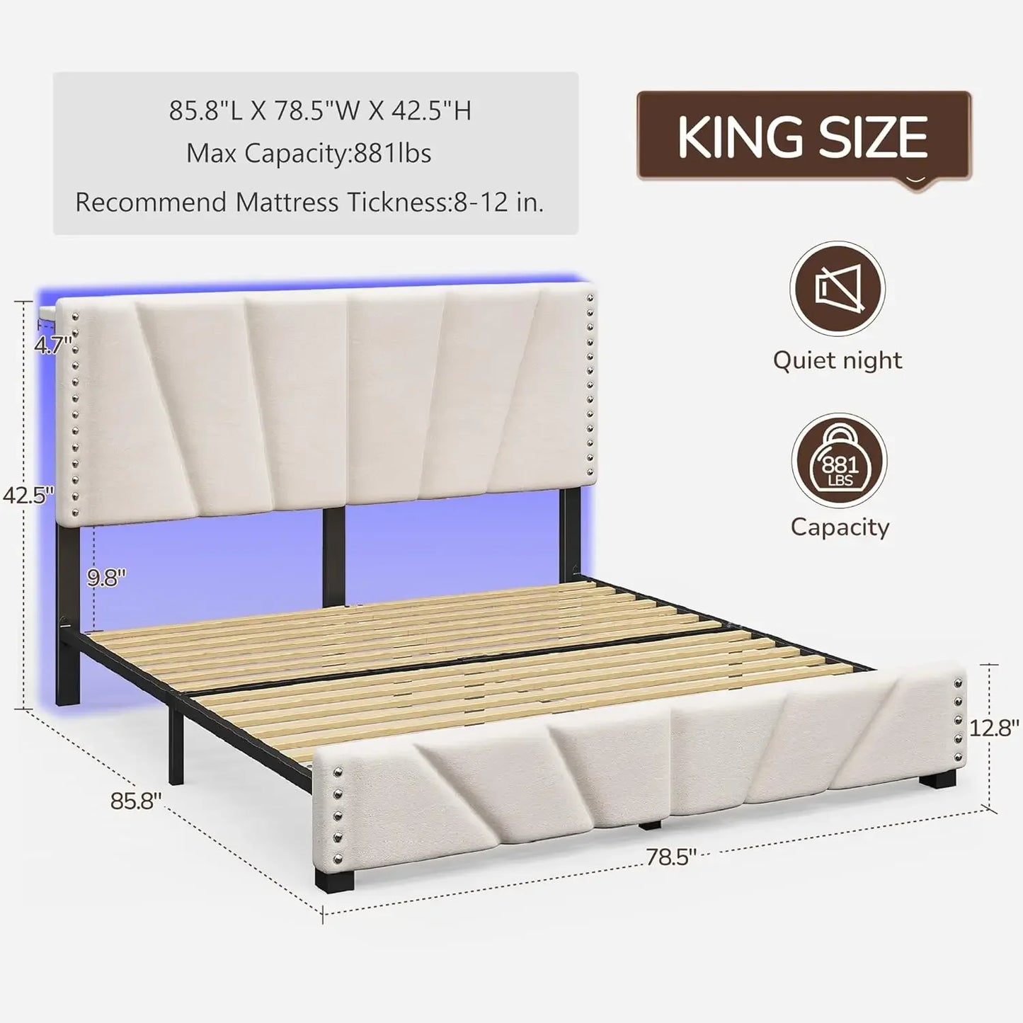 XMSJ Velvet Headboard Platform Bed With LED Lights