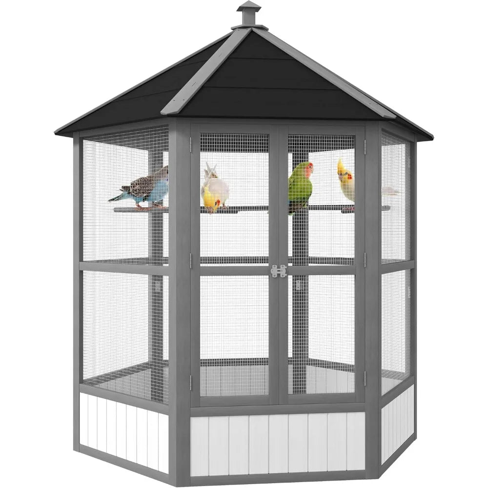 Wooden Hexagonal Outdoor Aviary Cage With WeatherproofDurableFinish Roof For Birds