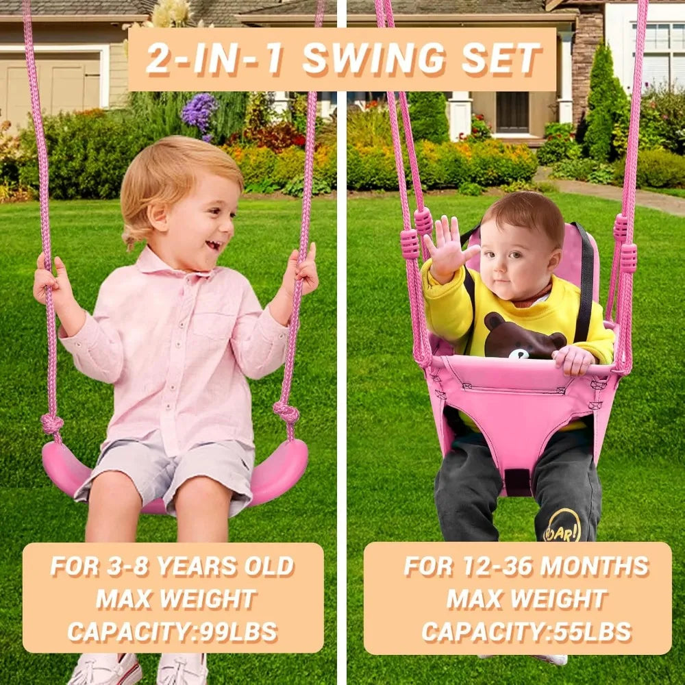 Outdoor Swing Set for Kids with Waterproof Metal Frame and Two Seats