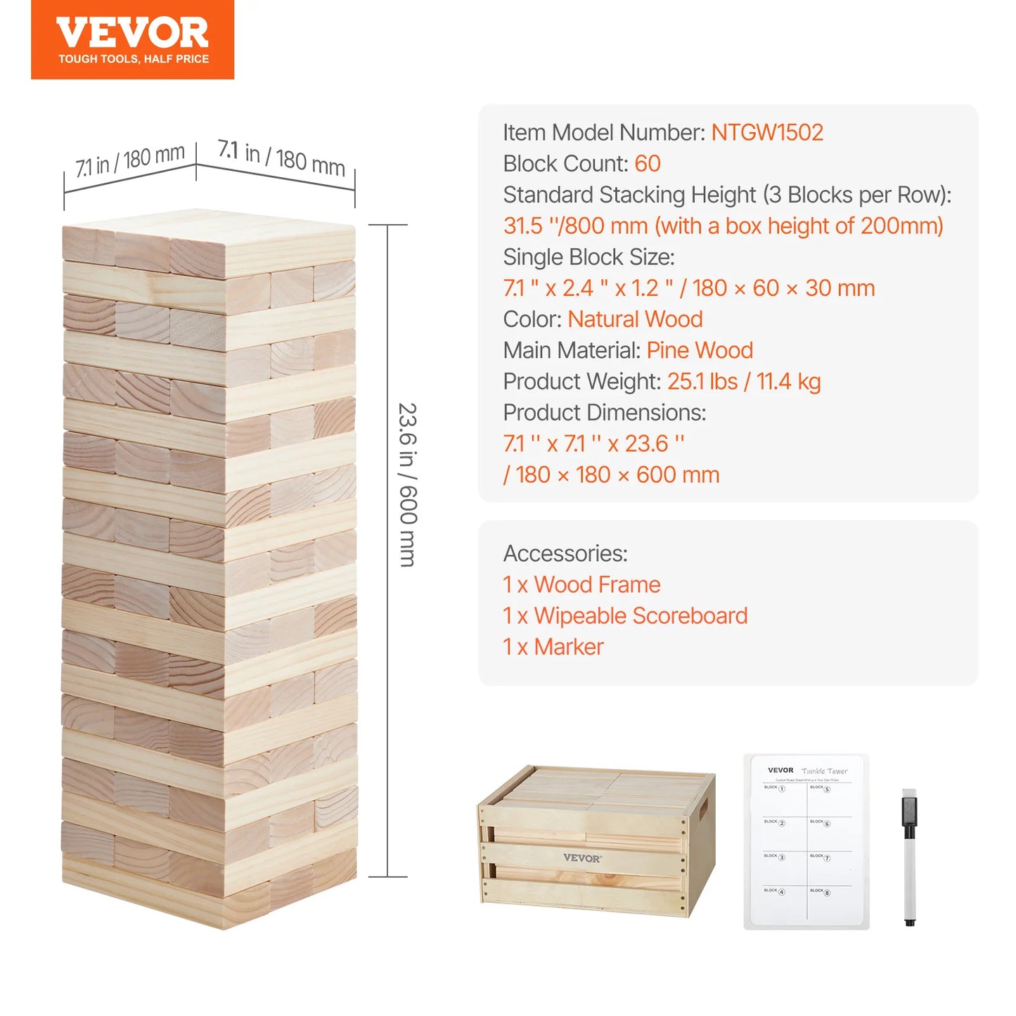 SucceBuy Tumbling Timber Toy Tumble Tower Blocks Game Pine Wood Tumbling Tower Game with Storage Crate Wooden Stacking Game