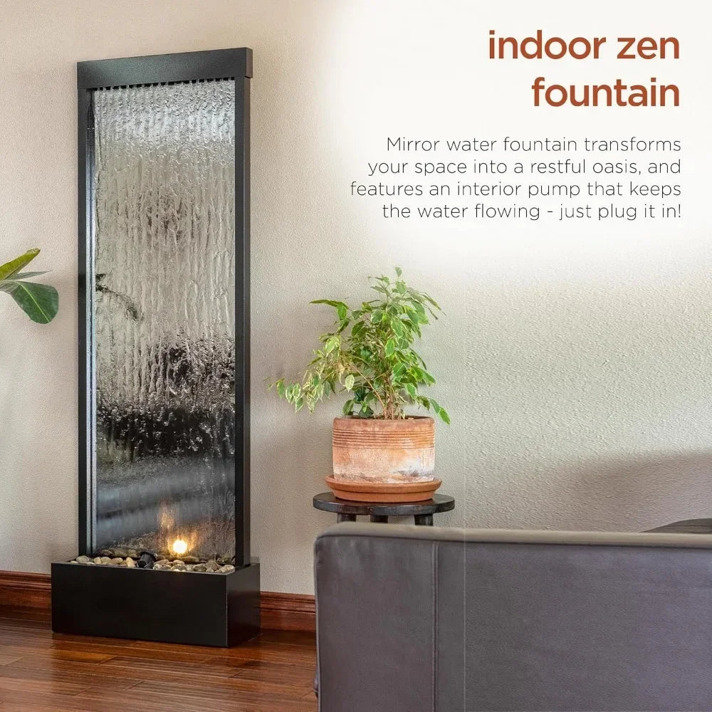 HOME.Tools.Mirror Waterfall Fountain with Stones and Lights - Zen Indoor/Outdoor Decor for Office, Living Room, Patio, Entryway