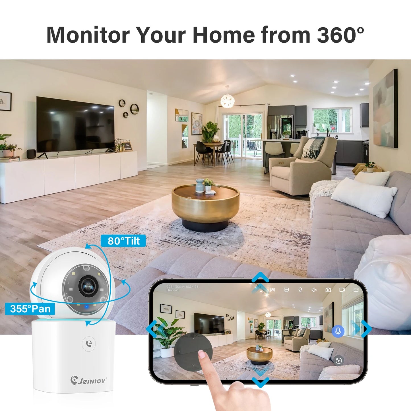 Jennov 1296P HD WIFI Camera 360° Home Security Camera with One-Click Talk, Baby Camera Monitor for Home Indoor &Outdoor Security