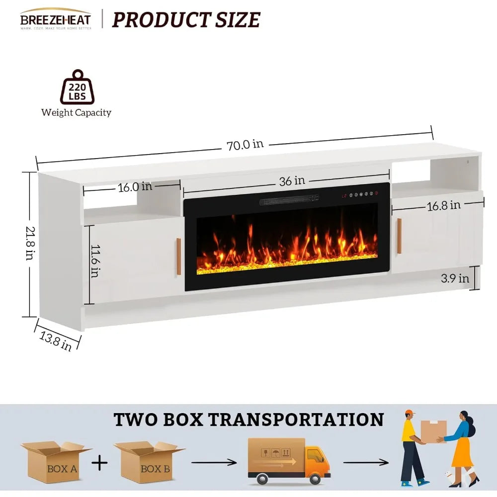 Electric Fireplace TV Stand with 36 inch Fireplace Up to 80" TVs-Led Entertainment Center with Outlet, High Glossy Doors-70 inc