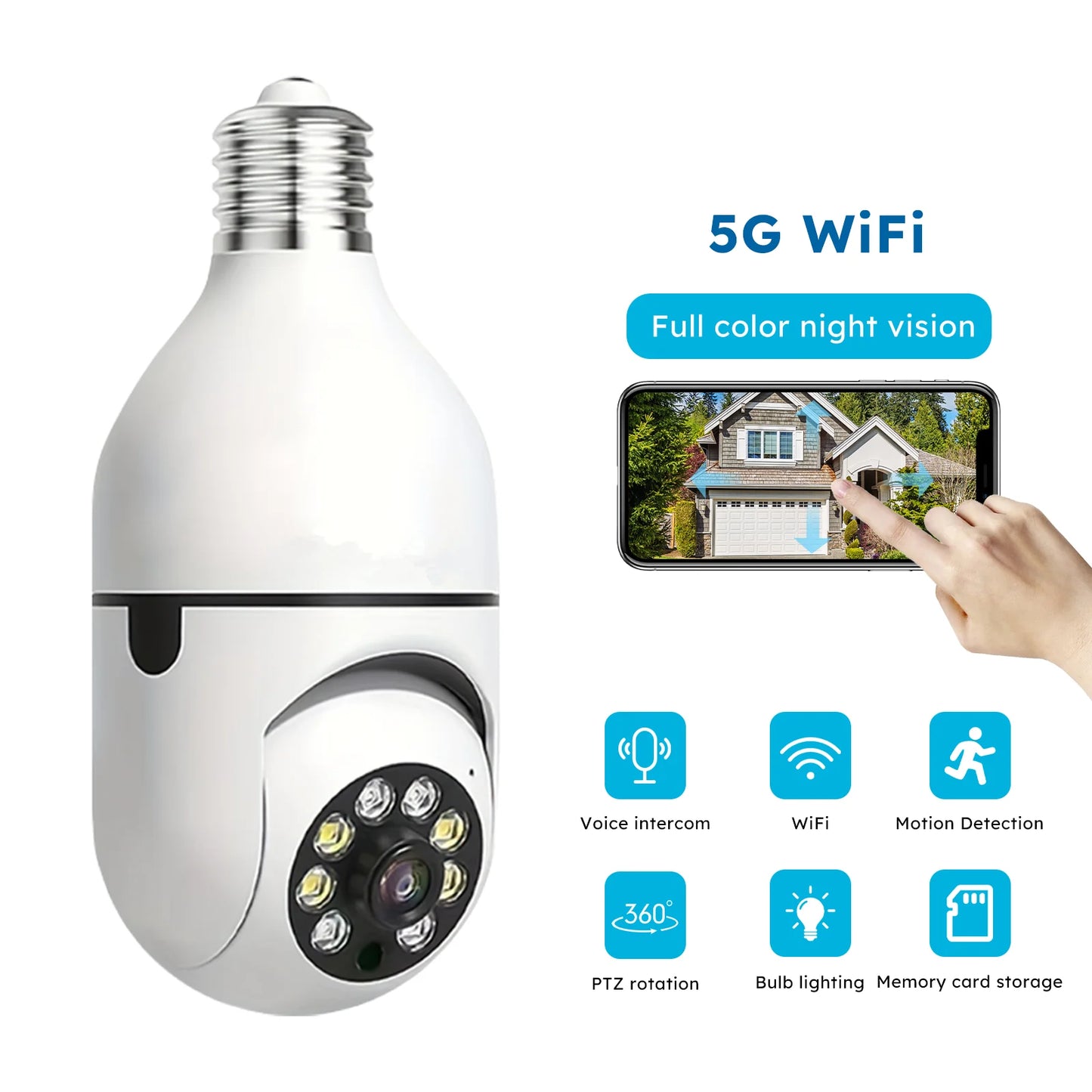 Ease Life APP-Light Bulb Security Cameras Indoor Outdoor Wireless WiFi Camera 5GHz, 360 Degree, E27 Light Socket Screw In Securi