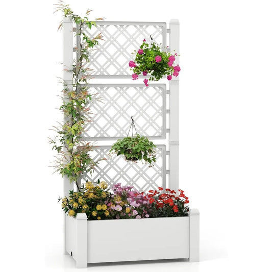 Self Watering Raised Garden Bed, Garden Planter Box with 59" Lattice Trellis, Drainage Hole & Water Level Indicator, Outdoor Sta