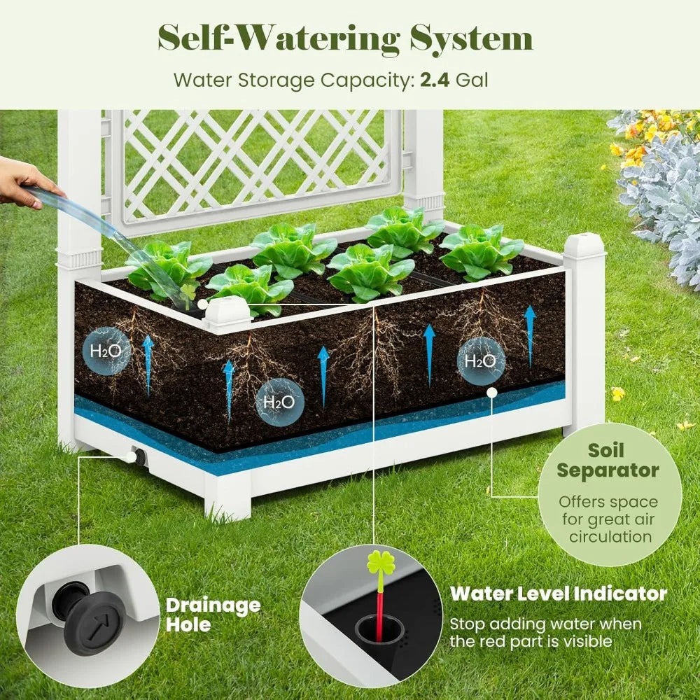 Self Watering Raised Garden Bed, Garden Planter Box with 59" Lattice Trellis, Drainage Hole & Water Level Indicator, Outdoor Sta
