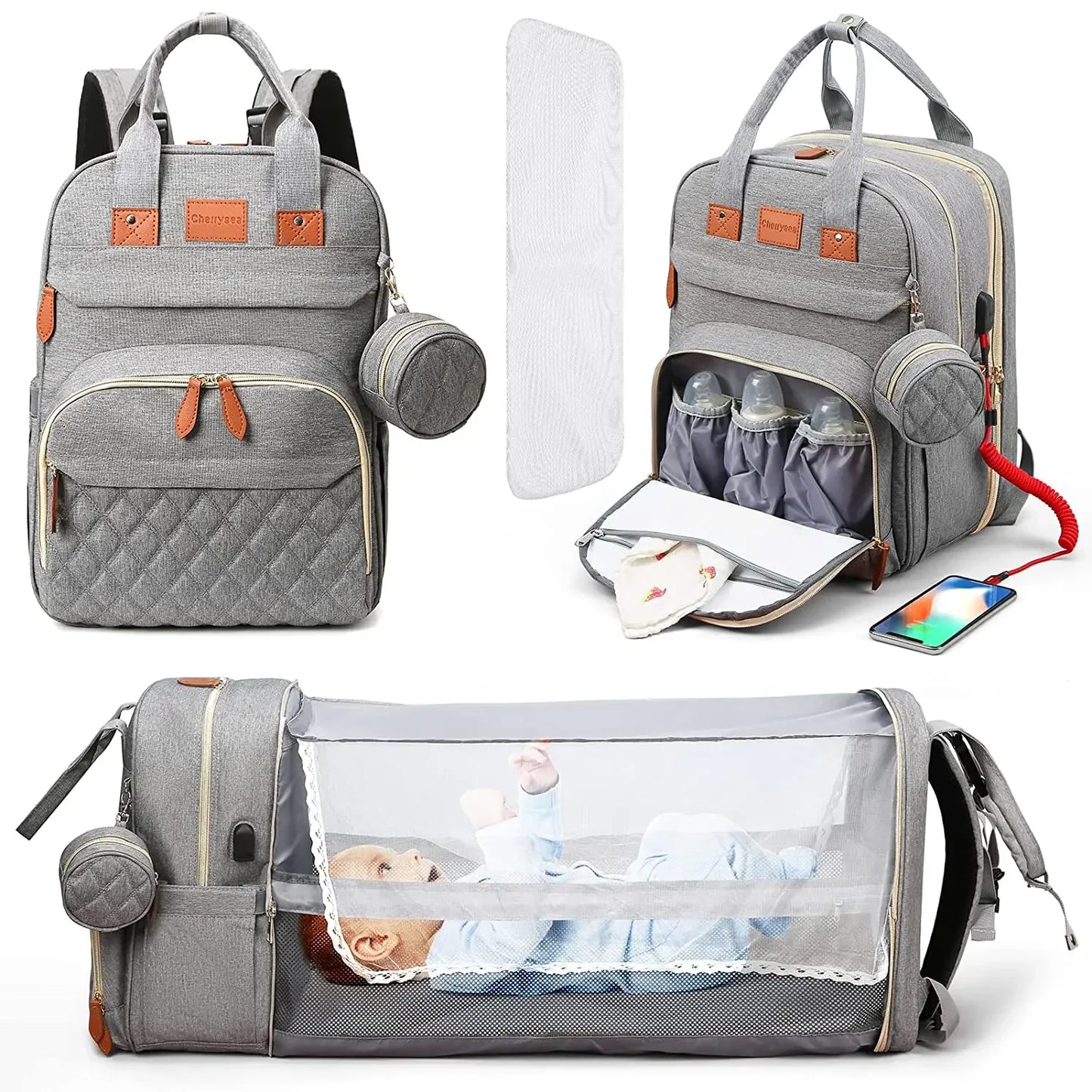 3In1 DiaperBagBackpack With FoldableBabyBed USBCharge Waterproof Multifunctional Traveler