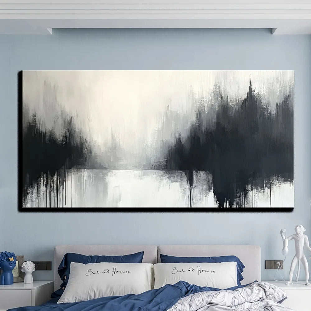 Grey and white abstract canvas painting, modern printed living room decoration, 1.5 inch thick pine solid wood frame