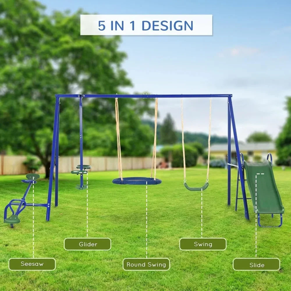 Swing Set for Backyard 5 in 1 Heavy Duty A Frame Playset with Saucer Swing Slide