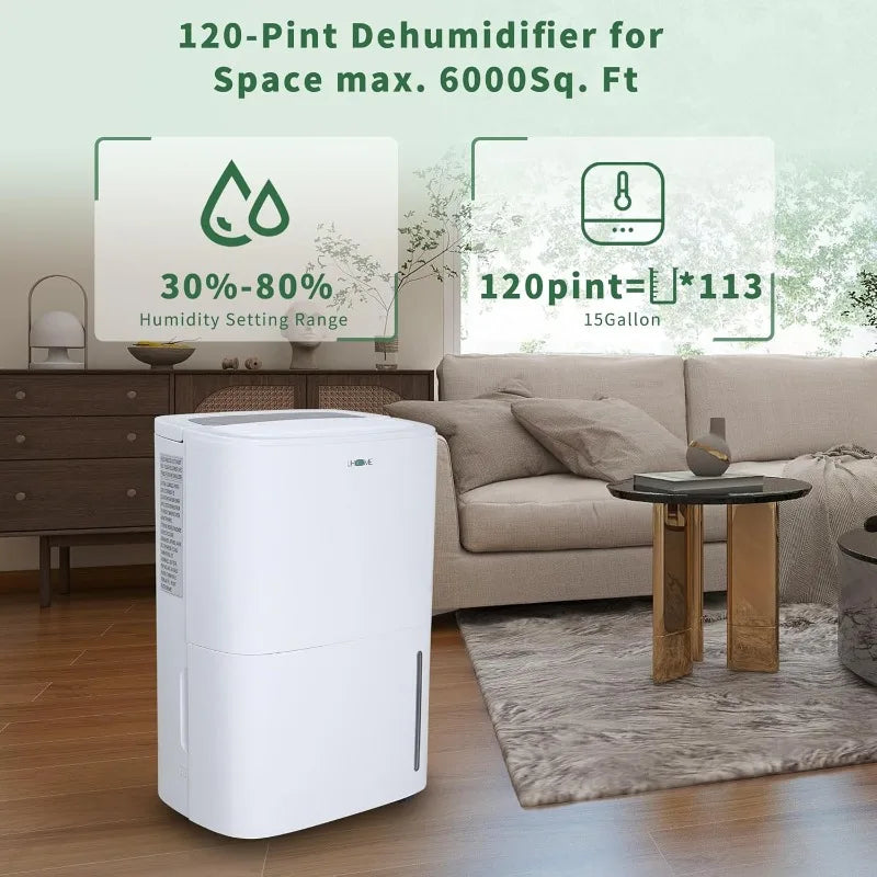 Uhome 120 Pints Dehumidifier with Drain Hose - 6000 Sq. Ft Quiet Dehumidifier for Home, Basements, Storages and Large Rooms