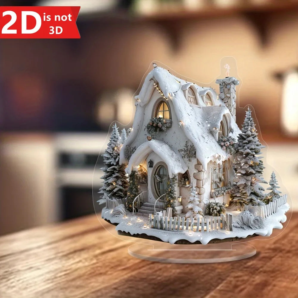 Enchanting snow-themed Christmas house tabletop decor with bracket. Ideal for home and office holidays.