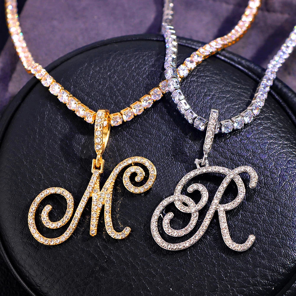 Caraquet Cursive Alphabet Name Necklace CZ Chain Pendant