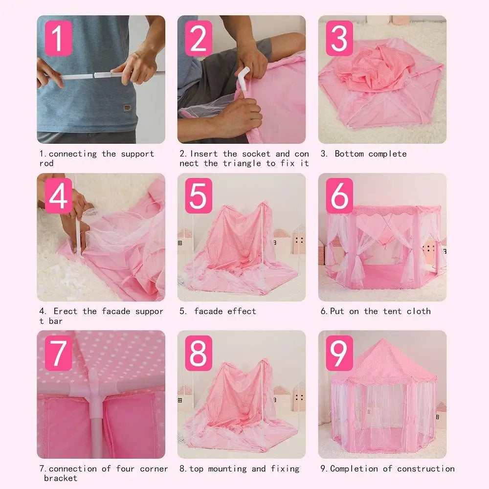 Portable Folding Princess Castle Tent with Warm LED Star Lights for Kids